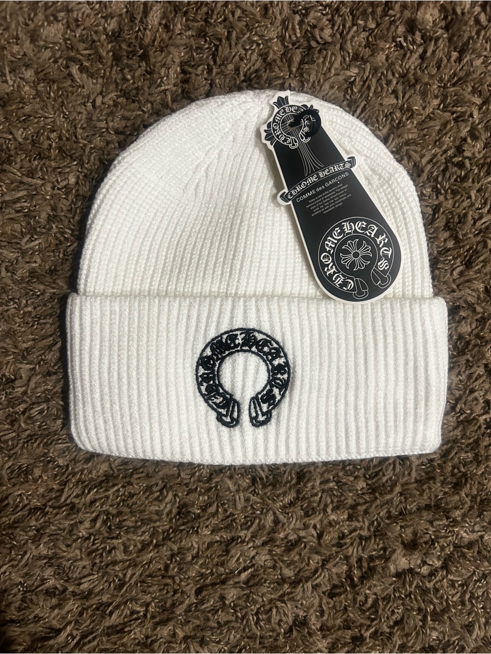 Chrome Hearts White Rib Knit Cuffed Beanie with Black Embroidered Crest